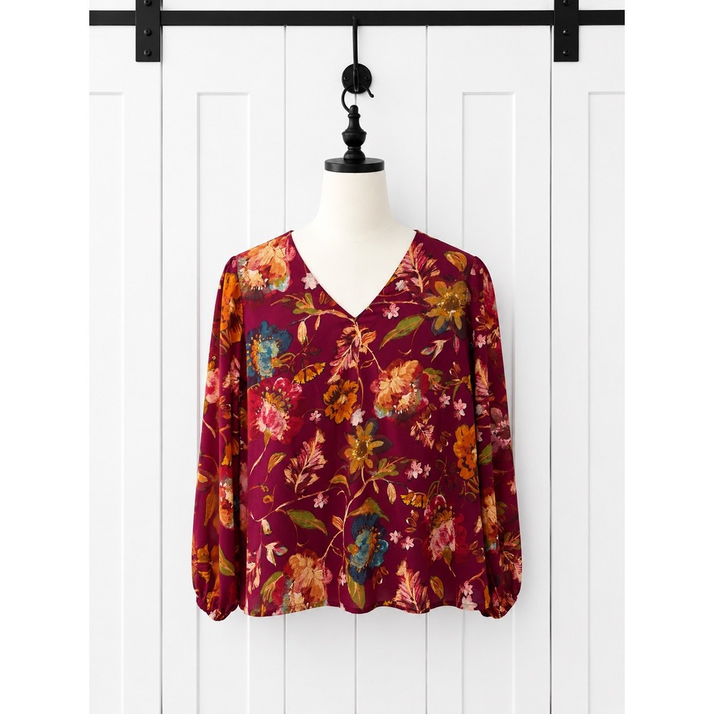 Belle Boho Kim Gravel Find Your Fire Boho Chic Blouse Size 1X Burgundy Floral